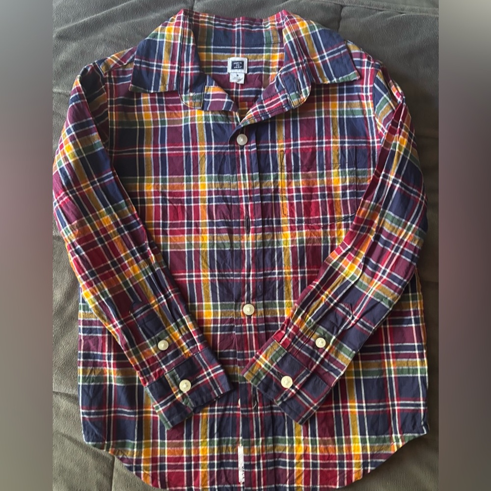 Janie & Jack Plaid Button Down Shirt Long Sleeve Navy& Burgundy & Gold Size 3